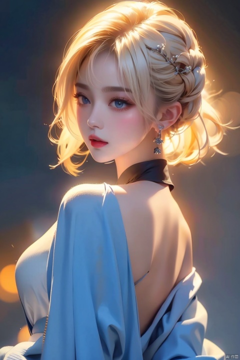  1girl,blonde hair,solo,blue eyes,jewelry,earrings,android 18,short hair,realistic,looking at viewer,upper body,breasts,lips,medium breasts,from side,shirt,grey background,bare shoulders,nose,sleeveless,black shirt,simple background,eyelashes,closed mouth,artist name,makeup,looking to the side,red lips,expressionless,off shoulder,looking back,bangs,sleeveless shirt,from behind,bob cut,jacket,forehead,parted lips,official art,extremely detailed CG unity 8k wallpaper,perfect lighting,Colorful,Bright_Front_face_Lighting,(masterpiece:1),(best_quality:1),ultra high res,8K,ultra-detailed, ((poakl)), (\shen ming shao nv\), (\yan yu\), (\ji jian\), 1 girl