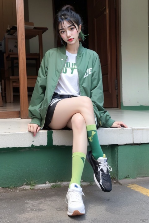 artist:chenbin,artist:tianliang duohe fangdongye,artist:wlop1girl, cat, green eyes, black cat, shoes, white hair, backpack, socks, looking at viewer, jacket, solo, sitting, sneakers, bag, bangs, green jacket, medium hair, animal, green theme, crossed legs, green socks, shirt,solo,