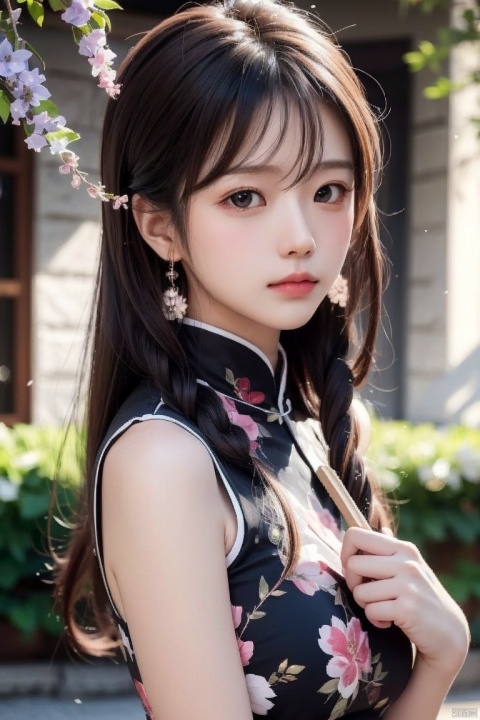 1girl, blurry, blurry_background, blurry_foreground, depth_of_field, motion_blur, hand_fan, bokeh, photo_\(medium\), solo, dress, chinese_clothes, black_hair, earrings, lips, 3d, photo_background, holding, focused, jewelry, wisteria, holding_fan, looking_at_viewer, photorealistic, china_dress,extremely detailed CG unity 8k wallpaper,masterpiece, best quality, ultra-detailed, beautiful detailed eyes:1.2,best illumination, (best shadow, an extremely delicate and beautiful, bloom),best quality, masterpiece, highres, original, extremely detailed wallpaper, perfect lighting,(extremely detailed CG:1.2), drawing, paintbrush,, ,qp, 1 girl