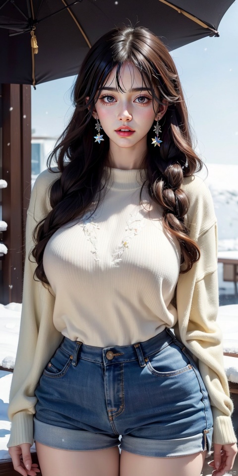  1girl,asian,(detailed background, outdoor,highly detailed background,flying snow,), colorful hair,arrings, parted lips, realistic, female focus, masterpiece,high resolution,1girl,ultra-detailed,extreme detailed, gradient,detailed eyes, mature female, (wide hips), thighhighs,chubby legs,sweater, ,jewelry,eyeshadow,earrings,puffy cloth,jean shorts, (highest detailed hair) ,full body, stunning colors, bold colors,hard light, zixia, heiguafu, depth of field,big breasts,nsfw, wangyushan,moyou, xiqing, hszt, 1 girl