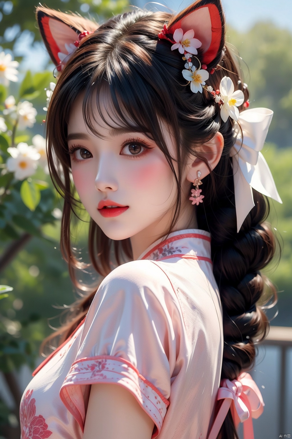  1girl, solo, long hair, looking at viewer, blush, smile, bangs, hair ornament, bow, animal ears, jewelry, yellow eyes, upper body, pink hair, braid, flower, hair bow, hairband, earrings, outdoors, parted lips, alternate costume, cat ears, from side, looking to the side, book, single braid, blue bow, plant, white flower, hair over shoulder, floppy ears, goldenglow \(arknights\), jiqing, 1 girl,moyou