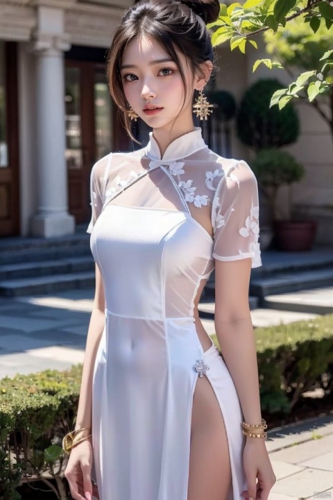 1girl, dress, solo, black hair, chinese clothes, jewelry, earrings, white dress, looking at viewer, china dress, arm behind back, hair bun, day, standing, red lips, tree, short sleeves, outdoors, blurry, bracelet, short hair, architecture, lips, long dress
,
Negative prompt:, 1 girl