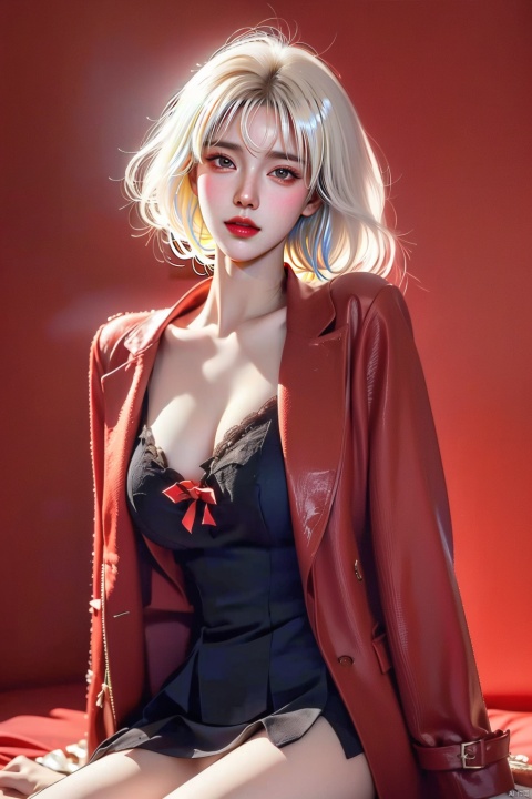  Outdoor scenery, snow view, Snow Mountain, girl, red wool coat, pretty face, short hair, blonde hair, (photo reality: 1.3) , Edge lighting, (high detail skin: 1.2) , 8K Ultra HD, high quality, high resolution, the best ratio of four fingers and a thumb, (photo reality: 1.3) , wearing a red coat, white shirt inside, big chest, solid color background, solid red background, advanced feeling, texture full, 1 girl, Xiqing, HSZT, Xiaxue, dongy, a girl, magic eyes, black 8d smooth stockings, 1girl, sd_mai, xiqing, tm, ((poakl flower style))