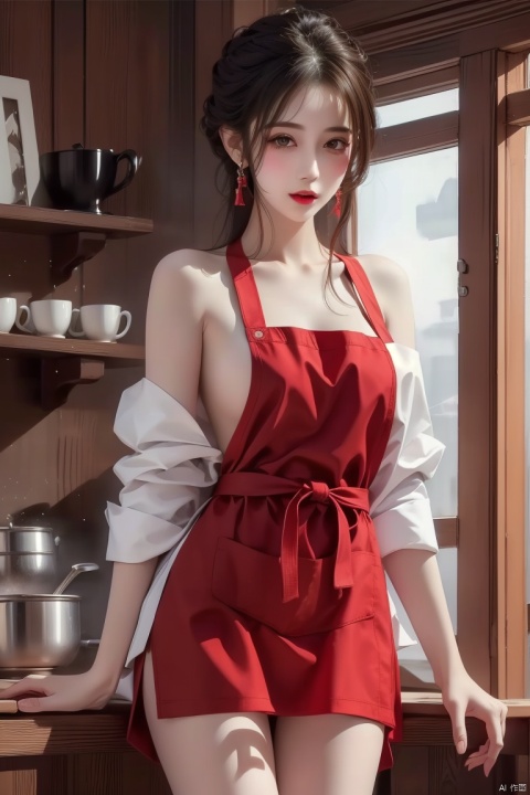 Best quality, masterpiece, photorealistic, 32K uhd, official Art,
1girl, (naked_red apron),thigh,red style,dofas, solo, 1 girl