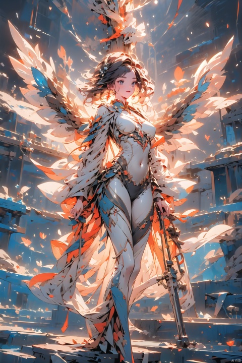  jiqing,1girl,medium breasts,weapon,wings,holding weapon,lips,bodysuit,covered navel,skin tight,science fiction,dual wielding,mechanical wings, mjuanlian, (\ji jian\), (\meng ze\)