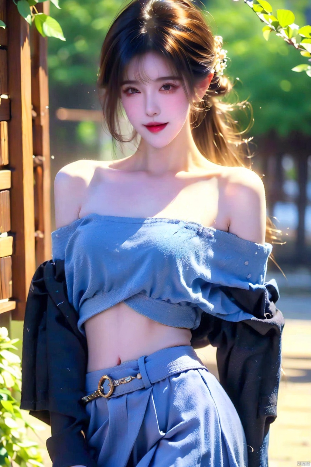 best quality, masterpiece, cowboy_shot,(Good structure), DSLR Quality,Depth of field,kind smile,looking_at_viewer,Dynamic pose, 1girl, 3d, bare_shoulders, belt, blurry, blurry_background, blurry_foreground, branch, , , , collarbone, *******_photo, denim, denim_skirt, depth_of_field, , lips, long_hair, looking_at_viewer, midriff, miniskirt, motion_blur, navel, outdoors, photo_\(medium\), realistic, skirt, solo, standing, tree, , , , blackpantyhose, , , , , futuaner, 1 girl