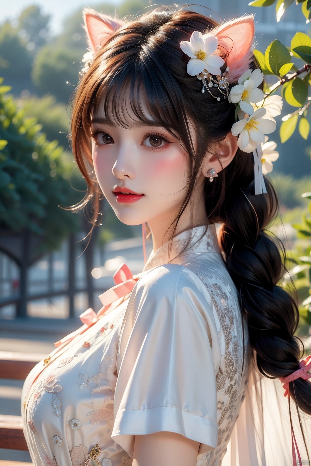  1girl, solo, long hair, looking at viewer, blush, smile, bangs, hair ornament, bow, animal ears, jewelry, yellow eyes, upper body, pink hair, braid, flower, hair bow, hairband, earrings, outdoors, parted lips, alternate costume, cat ears, from side, looking to the side, book, single braid, blue bow, plant, white flower, hair over shoulder, floppy ears, goldenglow \(arknights\), jiqing
