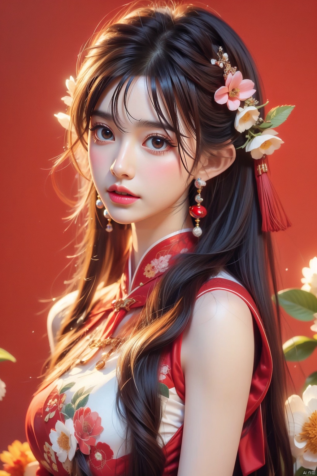 1girl, solo, long hair, black hair, hair accessories, jewelry, closed mouth, upper body, flowers, earrings, blur, side, eyelashes, side, makeup, red background, Chinese costume, red flowers, fringe, branch, red lips, fringe earrings, fruit grain, no hand, very beautiful, masterpiece, best quality, super detail, animation style, key vision