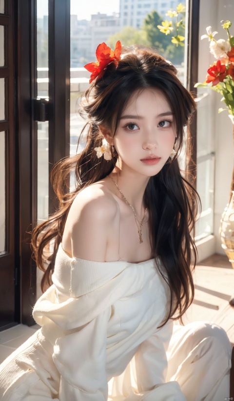  1 girl, jewelry, solo, earrings, long hair, forehead markings, black hair, necklace, bare shoulders, flowers, red lips, hair flowers, upper body, skirt, off shoulder, facial markings, head down, makeup, lips, candles, collarbones, long sleeves, tears streaming down, crying, Tyndall effect, 8k, large aperture, masterpiece of the century, sit, maple leaf, doorway, corridor, Sun on face, 1girl, (\yan yu\)