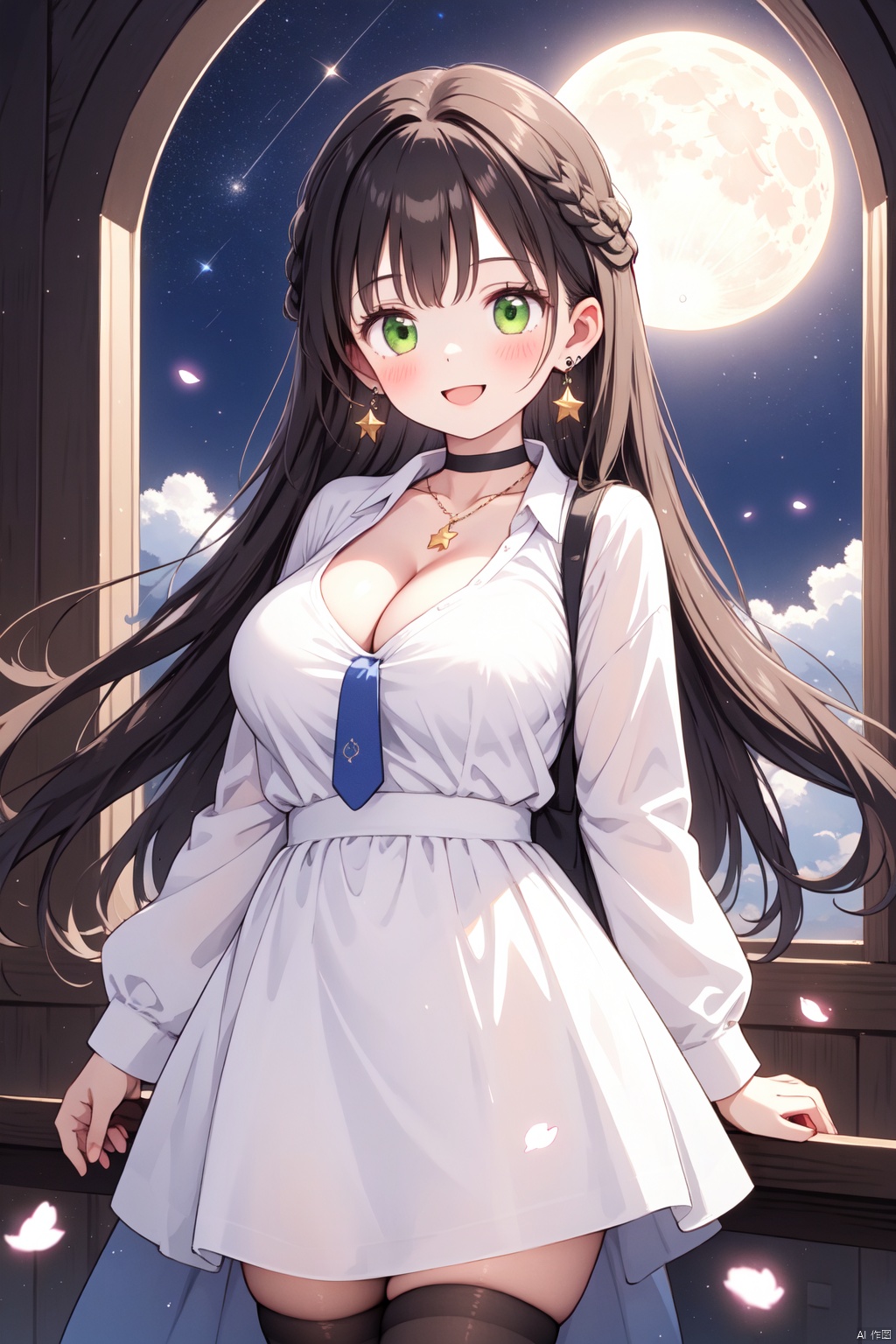  1girl, bangs, black_necktie, blush, book, braid, breasts, card_\(medium\), choker, cleavage, clipboard, crescent_moon, earrings, earth_\(planet\), flower, full_moon, glint, green_eyes, holding, jewelry, large_breasts, long_hair, long_sleeves, looking_at_viewer, moon, moonlight, necktie, necktie_between_breasts, night, night_sky, open_mouth, paper, petals, planet, red_moon, shooting_star, sky, smile, solo, sparkle, sparkle_background, star_\(sky\), star_\(symbol\), starry_sky, sun, thighhighs, very_long_hair, window, maolilan