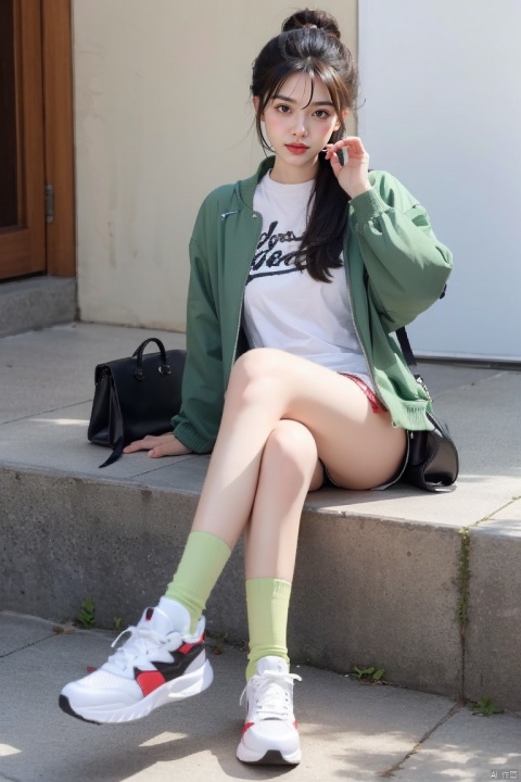 artist:chenbin,artist:tianliang duohe fangdongye,artist:wlop1girl, cat, green eyes, black cat, shoes, white hair, backpack, socks, looking at viewer, jacket, solo, sitting, sneakers, bag, bangs, green jacket, medium hair, animal, green theme, crossed legs, green socks, shirt,solo,