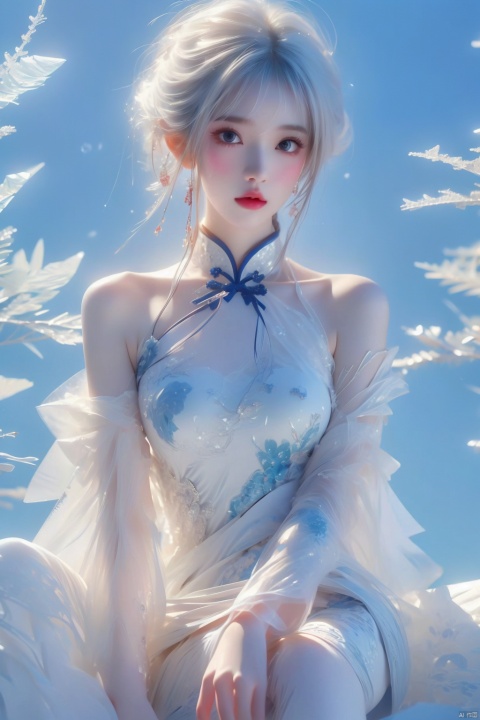  A woman wearing a white dress,with her head on her hand and her arms on her shoulders,sunglasses,Ayako Rokkaku,the art of the female giant,semi transparent,bookshelf,delicate body,slender legs,and seductive glances,((Chinese characters written in ice:1.3)),((white and sea blue style)),((macro photography characters:1.1)),((blue and white ice is background)),matte punk,resin,anime aesthetics,meticulous design,masterpiece,best quality,super quality,8K resolution, ice, (\shen ming shao nv\)