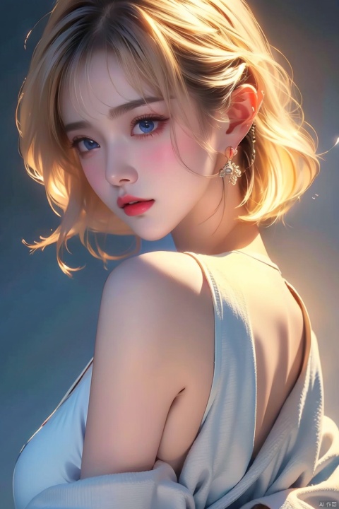  1girl,blonde hair,solo,blue eyes,jewelry,earrings,android 18,short hair,realistic,looking at viewer,upper body,breasts,lips,medium breasts,from side,shirt,grey background,bare shoulders,nose,sleeveless,black shirt,simple background,eyelashes,closed mouth,artist name,makeup,looking to the side,red lips,expressionless,off shoulder,looking back,bangs,sleeveless shirt,from behind,bob cut,jacket,forehead,parted lips,official art,extremely detailed CG unity 8k wallpaper,perfect lighting,Colorful,Bright_Front_face_Lighting,(masterpiece:1),(best_quality:1),ultra high res,8K,ultra-detailed, ((poakl)), (\shen ming shao nv\), (\yan yu\), (\ji jian\), 1 girl