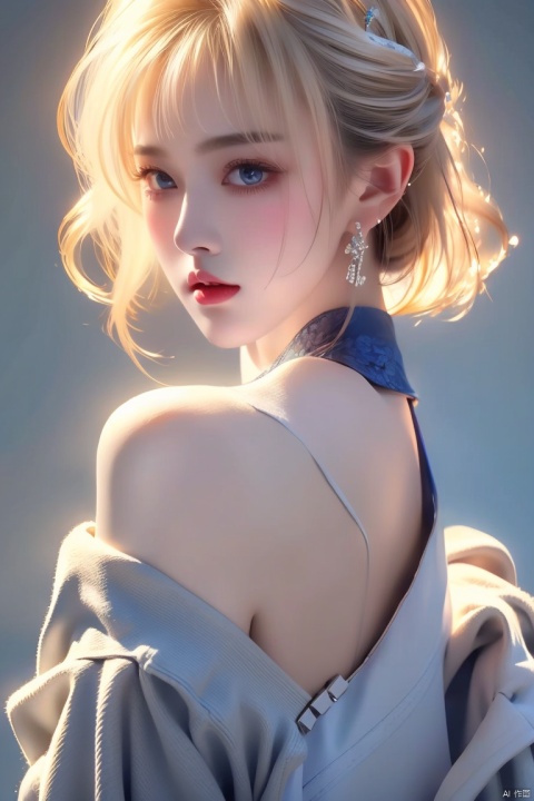  1girl,blonde hair,solo,blue eyes,jewelry,earrings,android 18,short hair,realistic,looking at viewer,upper body,breasts,lips,medium breasts,from side,shirt,grey background,bare shoulders,nose,sleeveless,black shirt,simple background,eyelashes,closed mouth,artist name,makeup,looking to the side,red lips,expressionless,off shoulder,looking back,bangs,sleeveless shirt,from behind,bob cut,jacket,forehead,parted lips,official art,extremely detailed CG unity 8k wallpaper,perfect lighting,Colorful,Bright_Front_face_Lighting,(masterpiece:1),(best_quality:1),ultra high res,8K,ultra-detailed, ((poakl)), (\shen ming shao nv\), (\yan yu\), (\ji jian\), 1 girl