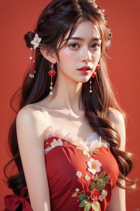 1girl, solo, long hair, black hair, hair accessories, jewelry, closed mouth, upper body, flowers, earrings, blur, side, eyelashes, side, makeup, red background, Chinese costume, red flowers, fringe, branch, red lips, fringe earrings, fruit grain, no hand, very beautiful, masterpiece, best quality, super detail, animation style, key vision