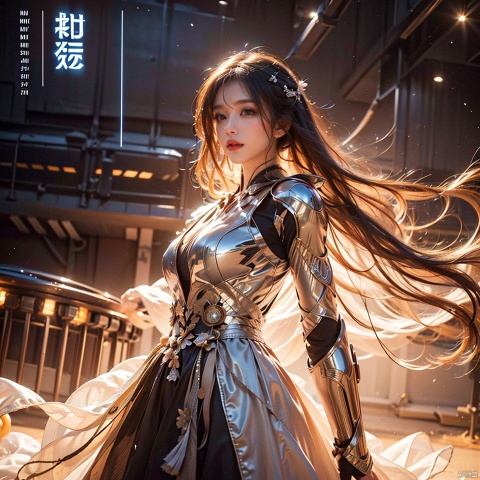  1girl, parted lips, hair blowing in wind, open hand, machinery, Mecha, science fiction, machinery armor, Metallic luster, electroplated, clothes sign, Mars, spaceship, floating cannon, hexagon, (from below:1.2), glow, backlighting, (background blur:1.2), cinematic lighting, Low illumination, VHS-style, (masterpiece:1.3), (best quality:1.1), intricate detailed, (Hyperrealistic:1.1), (realistic details:1.1), highly detailed, (the text on the cover should be bold and attention-grabbing, with the title of the magazine and a catchy headline:1.4), , ,Super perspective,wide shot. Dynamic pose, fighting_stance.,wide shot, Super perspective, Gauze Skirt, dopamine, jiqing, (\shen ming shao nv\)