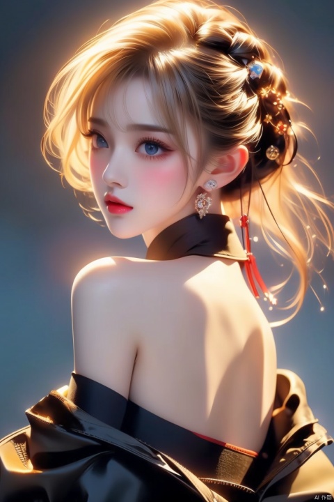  1girl,blonde hair,solo,blue eyes,jewelry,earrings,android 18,short hair,realistic,looking at viewer,upper body,breasts,lips,medium breasts,from side,shirt,grey background,bare shoulders,nose,sleeveless,black shirt,simple background,eyelashes,closed mouth,artist name,makeup,looking to the side,red lips,expressionless,off shoulder,looking back,bangs,sleeveless shirt,from behind,bob cut,jacket,forehead,parted lips,official art,extremely detailed CG unity 8k wallpaper,perfect lighting,Colorful,Bright_Front_face_Lighting,(masterpiece:1),(best_quality:1),ultra high res,8K,ultra-detailed, ((poakl)), (\shen ming shao nv\), (\yan yu\), (\ji jian\), 1 girl