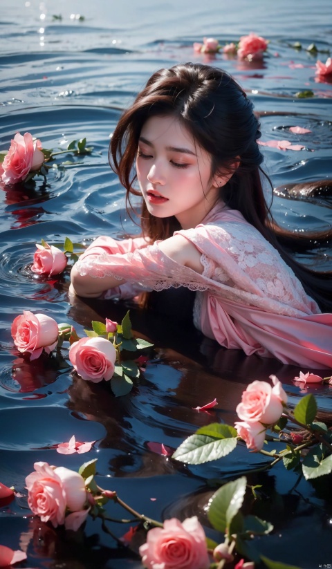  Absurdity, realistic rendering, (masterpiece, best quality), flowers, solo, water, roses, realistic, with eyes closed, blurry, partially submerged, 1 girl, floating, ripple, red flowers, petals, pink flowers, black hair, top-down, (8k, best quality, ultra-high resolution, masterpiece: 1.2),

, 1girl