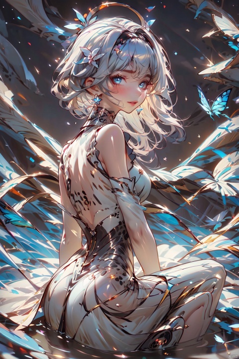  solo, 1girl, blue_eyes, dress, long_hair, hair_ornament, choker, black_choker, hairband, sitting, white_dress, looking_at_viewer, wings, from_behind, butterfly_hair_ornament, bare_shoulders, looking_back, blush, grey_hair, sleeveless_dress, parted_lips, jiqing, babata, (\shen ming shao nv\)