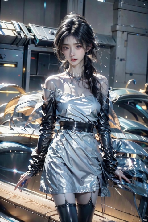  masterpiece, best quality,1girl,solo focus,standing in front of a building, black long hair, wearing a necklace, delicate face, beautiful eye, long coat,blue short skirt,snap-fit buckle,close-up,hand in pocket, dofas, jiqing, babata