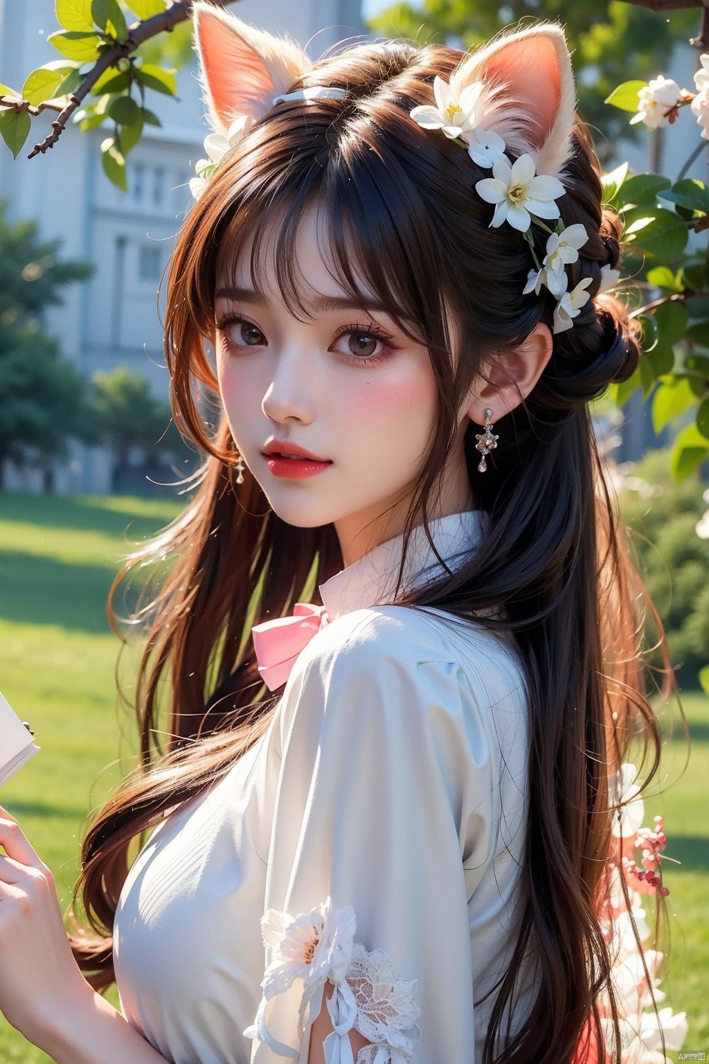  1girl, solo, long hair, looking at viewer, blush, smile, bangs, hair ornament, bow, animal ears, jewelry, yellow eyes, upper body, pink hair, braid, flower, hair bow, hairband, earrings, outdoors, parted lips, alternate costume, cat ears, from side, looking to the side, book, single braid, blue bow, plant, white flower, hair over shoulder, floppy ears, goldenglow \(arknights\), jiqing, 1 girl