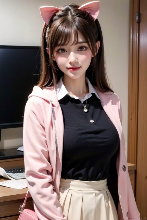  1girl, solo, looking at viewer, smile, bangs, skirt, brown hair, shirt, hair ornament, long sleeves, ribbon, jacket, white shirt, upper body, pink hair, open clothes, hairclip, collared shirt, indoors, hood, medium hair, pink eyes, bag, open jacket, black jacket, black shirt, dress shirt, neck ribbon, backpack, letterboxed, hooded jacket, pink ribbon, brown skirt, flipped hair, monitor, animal bag, cat bag, nanami chiaki, monomi \(danganronpa\), 1 girl