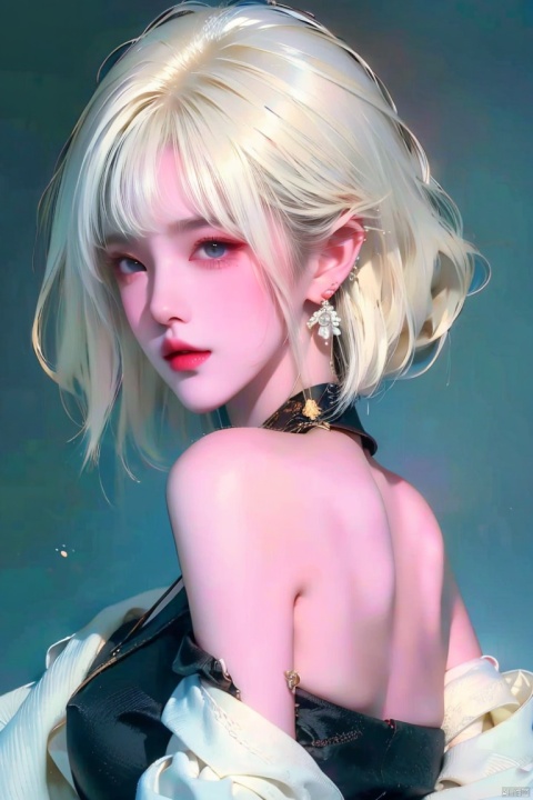  1girl,blonde hair,solo,blue eyes,jewelry,earrings,android 18,short hair,realistic,looking at viewer,upper body,breasts,lips,medium breasts,from side,shirt,grey background,bare shoulders,nose,sleeveless,black shirt,simple background,eyelashes,closed mouth,artist name,makeup,looking to the side,red lips,expressionless,off shoulder,looking back,bangs,sleeveless shirt,from behind,bob cut,jacket,forehead,parted lips,official art,extremely detailed CG unity 8k wallpaper,perfect lighting,Colorful,Bright_Front_face_Lighting,(masterpiece:1),(best_quality:1),ultra high res,8K,ultra-detailed, ((poakl)), (\shen ming shao nv\), (\yan yu\), (\ji jian\), 1 girl