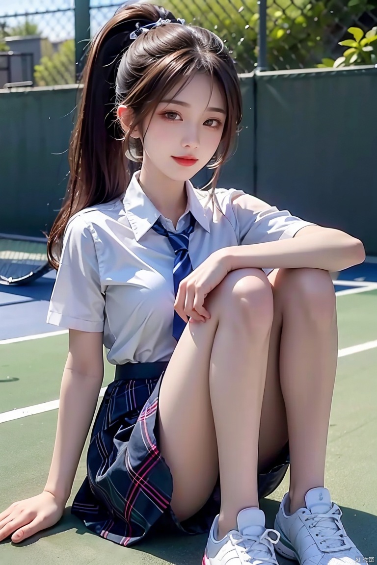 1girl, solo, looking at viewer, smile, skirt, brown hair, shirt, white shirt, ponytail, short sleeves, necktie, shoes, plaid , plaid skirt, ball, blue necktie, photo background, tennis ball, (\yan yu\), 1 girl