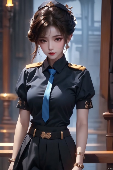 1girl,police uniform,police,uniform,policewoman,solo,chun-li,police hat,gloves,hat,brown hair,fingerless gloves,hair bun,necktie,pantyhose,brown eyes,double bun,looking at viewer,spiked bracelet,bracelet,belt,spikes,short sleeves,black necktie,side slit,short hair,jewelry,breasts,bangs,shirt,closed mouth,alternate costume,skirt,official alternate costume,lips,pelvic curtain,black gloves,handcuffs,cuffs,blurry background,blue skirt,large breasts,puffy sleeves,collared shirt,black pantyhose,medium breasts,blue shirt,upper body,black belt,*******,puffy short sleeves,peaked cap,indoors,bun cover,muscular,standing,cowboy shot,blue headwear,blurry,clenched hand,smile8K,best quilty,shiranui mai, xiaowu,Punk, 1 girl