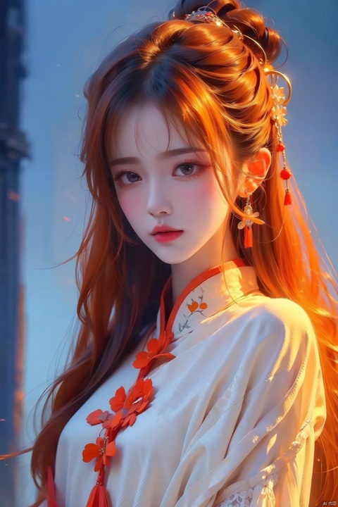 Best quality + masterpiece + Extremely high resolution +1 loli+ looking at the audience + detailed face + orange hair + deep eyes + dress + full bodyimage,,, masterpiece, best quality, mtianmei, mpaidui, 1 girl