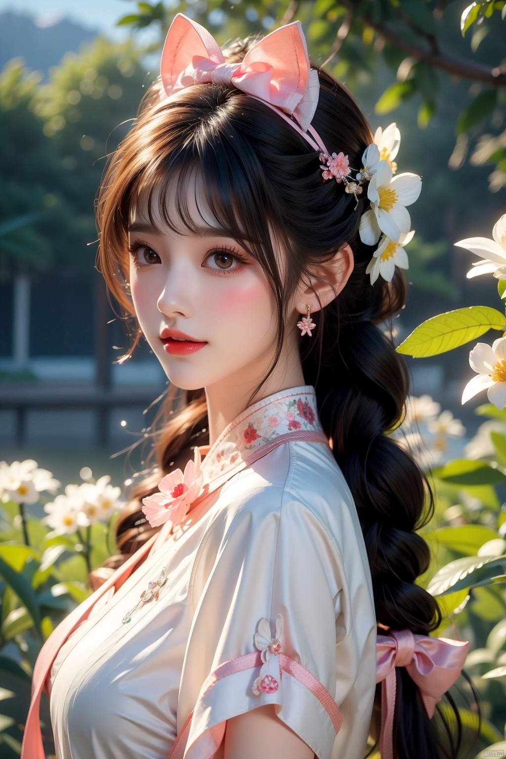  1girl, solo, long hair, looking at viewer, blush, smile, bangs, hair ornament, bow, animal ears, jewelry, yellow eyes, upper body, pink hair, braid, flower, hair bow, hairband, earrings, outdoors, parted lips, alternate costume, cat ears, from side, looking to the side, book, single braid, blue bow, plant, white flower, hair over shoulder, floppy ears, goldenglow \(arknights\), jiqing