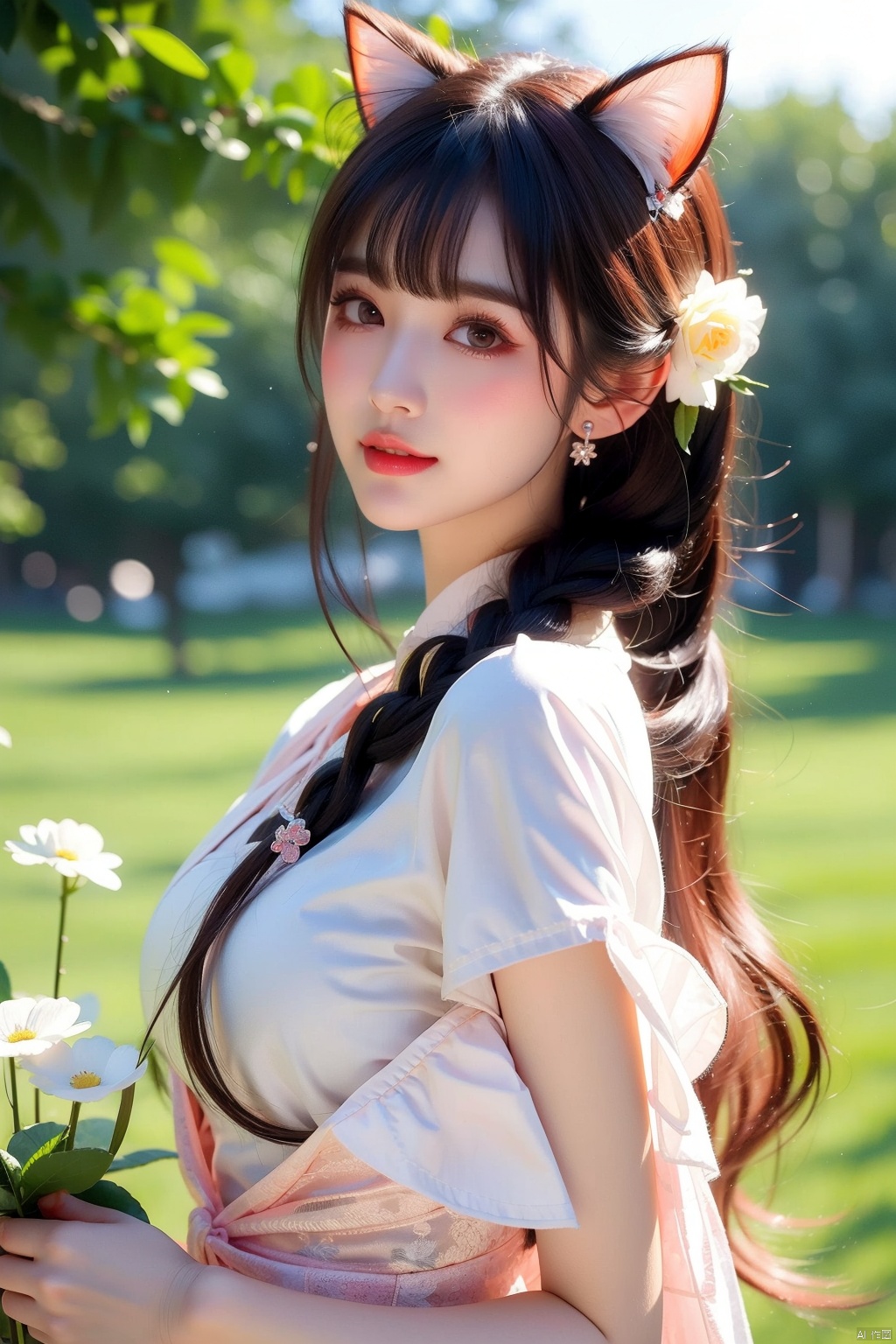  1girl, solo, long hair, looking at viewer, blush, smile, bangs, hair ornament, bow, animal ears, jewelry, yellow eyes, upper body, pink hair, braid, flower, hair bow, hairband, earrings, outdoors, parted lips, alternate costume, cat ears, from side, looking to the side, book, single braid, blue bow, plant, white flower, hair over shoulder, floppy ears, goldenglow \(arknights\), jiqing, 1 girl,moyou