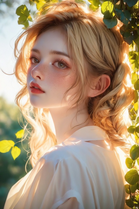  Vintage portrait, photography style, soft focus, pure face,Deer, girl, antlers, vine with leaves, Blonde hair, European and American advanced face, freckles, Detailed light and shadow, Wind, (Strong Sunshine),Two plaits, The forest,Front light source,
, 1girl, 1 girl