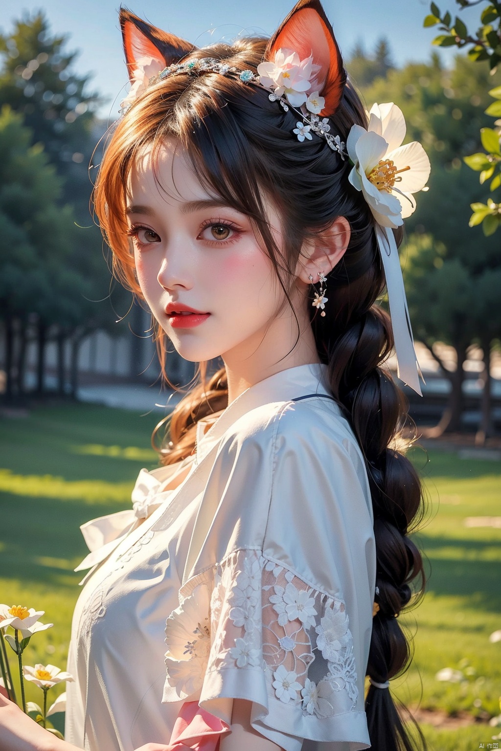  1girl, solo, long hair, looking at viewer, blush, smile, bangs, hair ornament, bow, animal ears, jewelry, yellow eyes, upper body, pink hair, braid, flower, hair bow, hairband, earrings, outdoors, parted lips, alternate costume, cat ears, from side, looking to the side, book, single braid, blue bow, plant, white flower, hair over shoulder, floppy ears, goldenglow \(arknights\), jiqing, 1 girl,moyou
