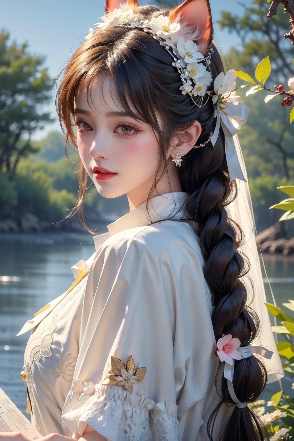  1girl, solo, long hair, looking at viewer, blush, smile, bangs, hair ornament, bow, animal ears, jewelry, yellow eyes, upper body, pink hair, braid, flower, hair bow, hairband, earrings, outdoors, parted lips, alternate costume, cat ears, from side, looking to the side, book, single braid, blue bow, plant, white flower, hair over shoulder, floppy ears, goldenglow \(arknights\), jiqing, 1 girl,moyou