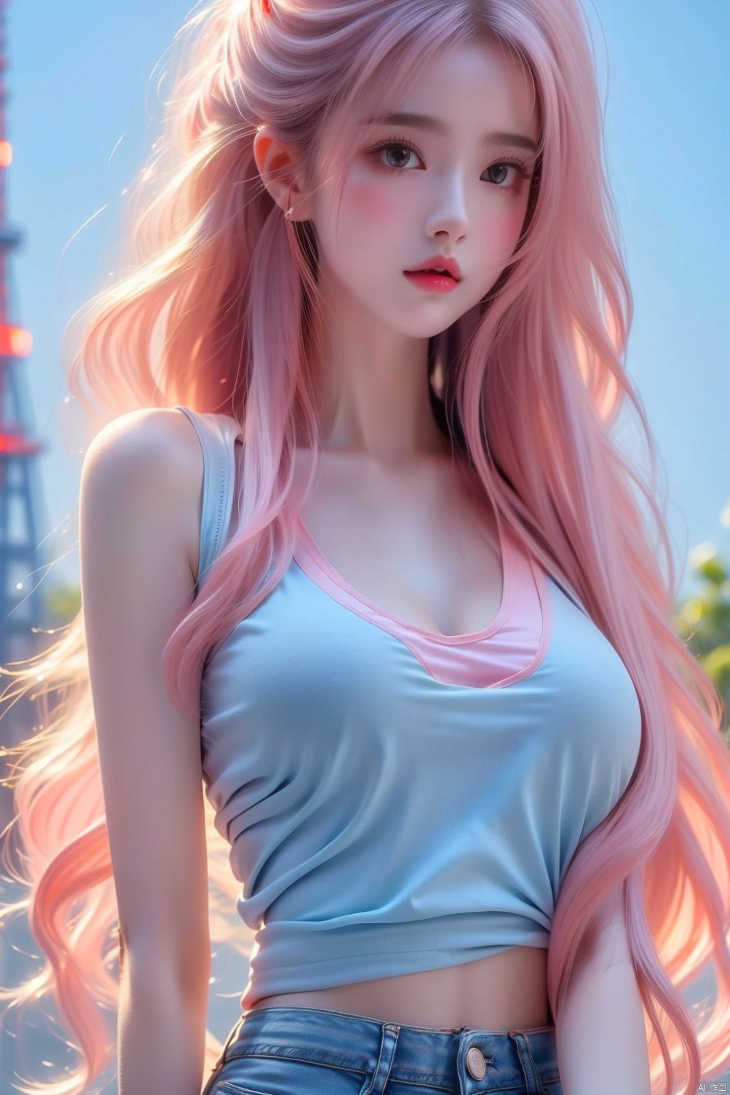 1 girl, (8k, original photo, best quality, Masterpiece: 1.3), (realistic, realistic: 1.37), (daytime), (Looking at the audience: 1.331), Posing, (Tokyo Tower:1.4), ((Daytime City View)), (Real city),((Clear background)), soft light, 1 girl, extremely beautiful face, ((Perfect lively breasts)), (Big boobs:1.5),(Bare cleavage:1.2), put down hands, random hairstyle, (Long light pink hair:1.5), random expression, big eyes, small belly,((((White short **** top)))), ((((Light blue denim short shorts)))), mix4, an extremely delicate and beautiful girl, beautiful face,beautiful eyes, beautiful girl, 8k wallpaper, (best quality: 1.12), (Detailed: 1.12), (Complex: 1.12), (Ultra Detailed: 1.12), (Advanced: 1.12), Ultra Detailed, Ultra Detailed, High Resolution Illustration, Color, 8k wallpaper, highres, Movie Light, Ray Tracing, (8k, Original photo, best Quality, Masterpiece, Ultra High, Ultra Detailed: 1.2), ((realistic, photo-realistic)),yuzu,(large breasts),(breast expansion), (cleavage),