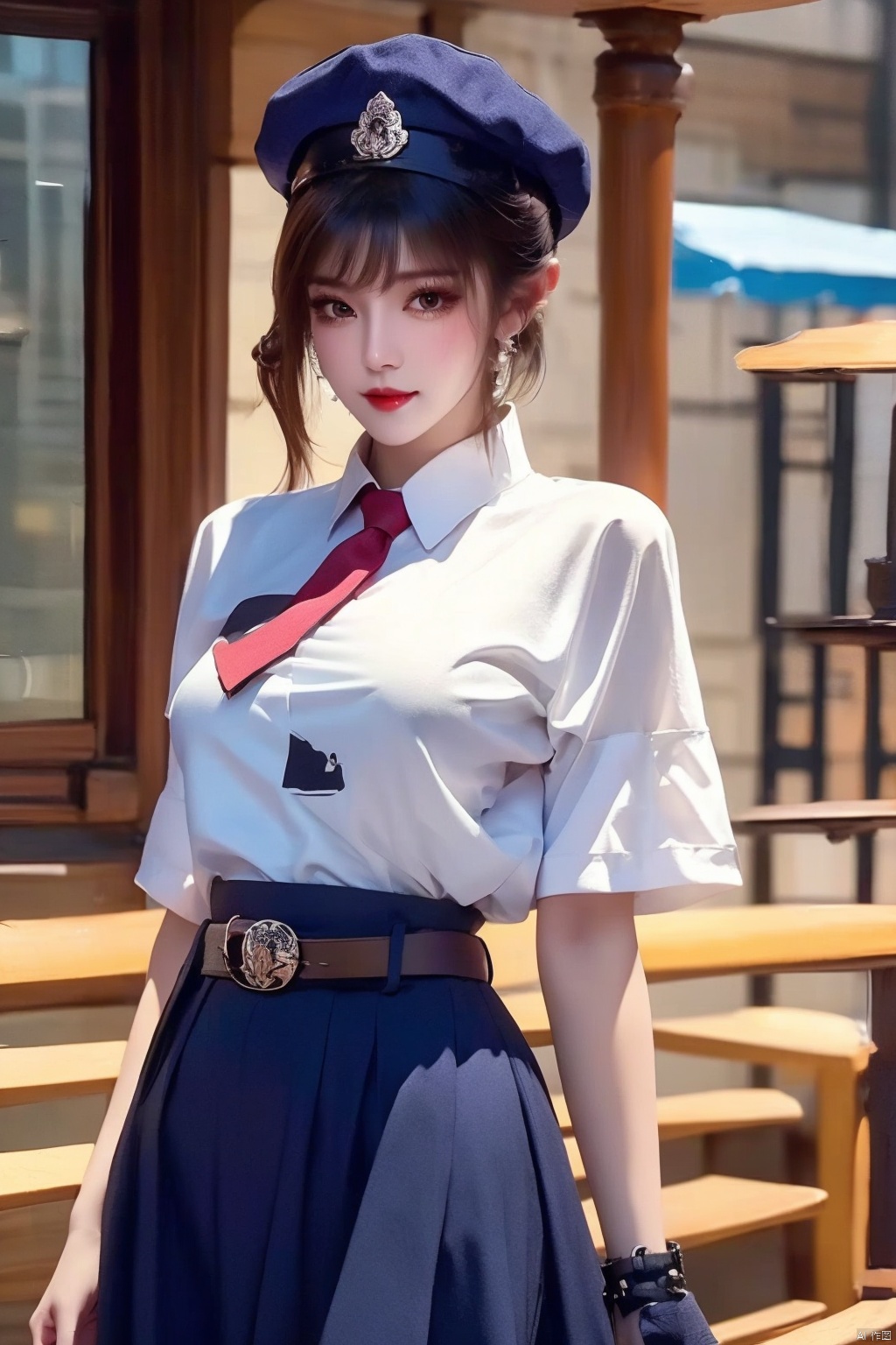 1girl,police uniform,police,uniform,policewoman,solo,chun-li,police hat,gloves,hat,brown hair,fingerless gloves,hair bun,necktie,pantyhose,brown eyes,double bun,looking at viewer,spiked bracelet,bracelet,belt,spikes,short sleeves,black necktie,side slit,short hair,jewelry,breasts,bangs,shirt,closed mouth,alternate costume,skirt,official alternate costume,lips,pelvic curtain,black gloves,handcuffs,cuffs,blurry background,blue skirt,large breasts,puffy sleeves,collared shirt,black pantyhose,medium breasts,blue shirt,upper body,black belt,*******,puffy short sleeves,peaked cap,indoors,bun cover,muscular,standing,cowboy shot,blue headwear,blurry,clenched hand,smile8K,best quilty,shiranui mai, xiaowu,Punk