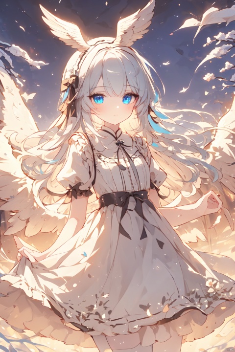  (wings:1.5),best quality, 1girl, animal ears, rabbit ears, solo, dress, blue eyes, long hair, mouth hold, grey hair, lolita fashion, looking at viewer, (\shen ming shao nv\), (\ji jian\), jiqing