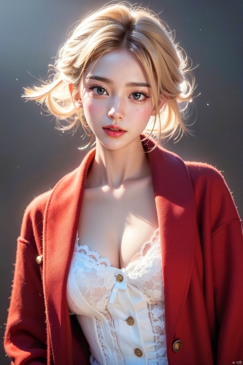  Outdoor scenery, snow view, Snow Mountain, girl, red wool coat, pretty face, short hair, blonde hair, (photo reality: 1.3) , Edge lighting, (high detail skin: 1.2) , 8K Ultra HD, high quality, high resolution, the best ratio of four fingers and a thumb, (photo reality: 1.3) , wearing a red coat, white shirt inside, big chest, solid color background, solid red background, advanced feeling, texture full, 1 girl, Xiqing, HSZT, Xiaxue, dongy, a girl, magic eyes, black 8d smooth stockings, 1girl, sd_mai, xiqing, tm, ((poakl flower style))