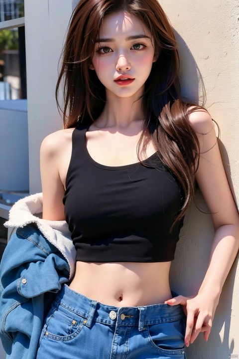  1girl, solo, breasts, looking at viewer, smile, brown hair, black hair, navel, bare shoulders, brown eyes, jewelry, closed mouth, standing, collarbone, cowboy shot, midriff, pants, lips, shadow, tank top, denim, jeans, realistic, arms at sides, 1girl,short skirt, （\personality\）, 1 girl