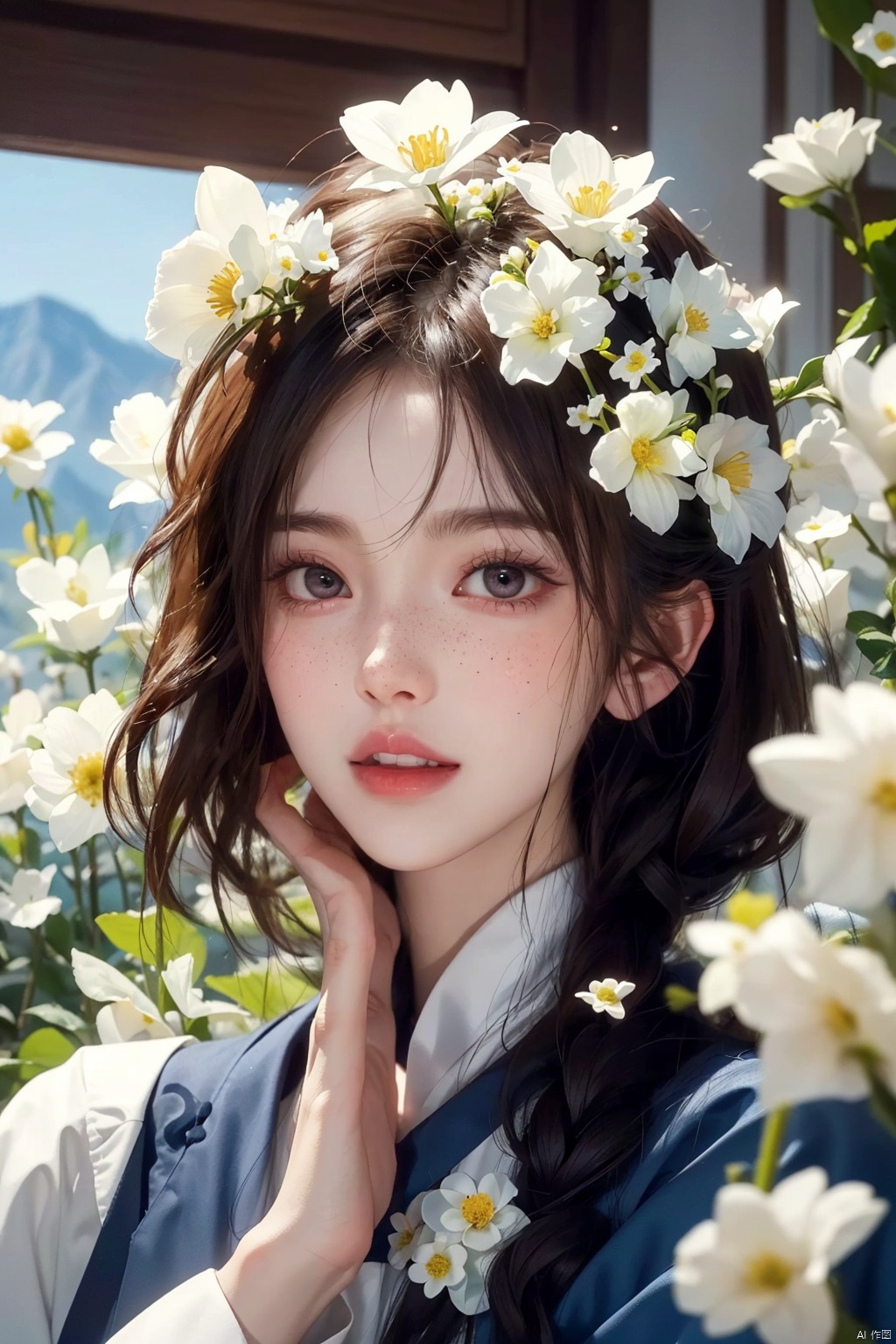  1girl, solo, looking at viewer, short hair, black hair, brown eyes, upper body, flower, parted lips, teeth, hair flower, blurry, lips, white flower, portrait, freckles, realistic, holding flower, ((poakl)),moyou, 1 girl, jiqing, maolilan, (\yan yu\)