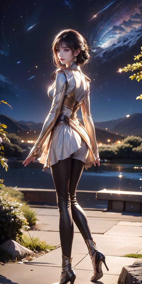  JING,1girl,solo,short hair,white hair,breasts,bare shoulders,bob cut,armor,detached sleeves,sleeveless,
gloves,jewelry,earrings,fingerless gloves,blue eyes,looking at viewer,bodysuit,shiny,elbow gloves,black gloves,shiny clothes,bangs,hair ornament,gem,
scenery,sky,star \(sky\),starry sky,outdoors,tree,night,night sky,cloud,rock,stairs,
braid,
clothing cutout,tight pants,skin tight,
blunt bangs,blue theme,mountain,nature,milky way,forest,mountainous horizon,lake,
back cutout,pants,skirt,dress,thighhighs,zipper,
high heel boots,
latex bodysuit,black bodysuit,
medium breasts,
realistic,grass,, (raw photo:1.2),((photorealistic:1.4))best quality,masterpiece,illustration,an extremely delicate and beautiful,extremely detailed,CG,unity,8k wallpaper,Amazing,finely detail,masterpiece,best quality,official art,extremely detailed CG unity 8k wallpaper,absurdres,incredibly absurdres,huge filesize,ultra-detailed,highres,extremely detailed,beautiful detailed girl,cinematic lighting,1girl,pale skin,tall female,(perfect body shape),skinny body,Slender legs,, pale skin,tall man,long legs,thin leg, girl, jiqing, (\shen ming shao nv\), babata, (\MBTI\)