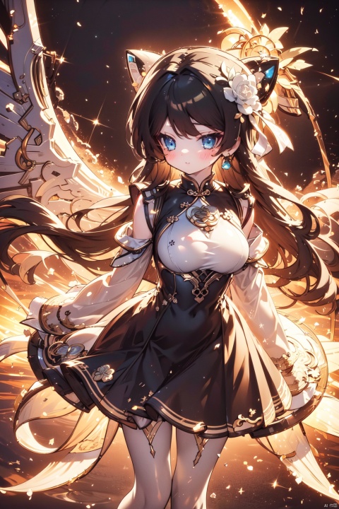  maolilan,1girl,long hair,breasts,looking at viewer,blush,bangs,blue eyes,large breasts,black hair,long sleeves,dress,closed mouth,jacket,open clothes,sleeveless,off shoulder,black dress,sideboob,sleeveless dress,pleated dress, qingyi, (\ji jian\), wunv, (\shen ming shao nv\), loli, babata,bikini,鍞編, jiqing,wings