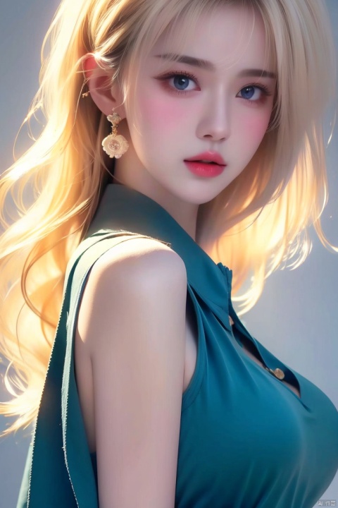  1girl,blonde hair,solo,blue eyes,jewelry,earrings,android 18,short hair,realistic,looking at viewer,upper body,breasts,lips,medium breasts,from side,shirt,grey background,bare shoulders,nose,sleeveless,black shirt,simple background,eyelashes,closed mouth,artist name,makeup,looking to the side,red lips,expressionless,off shoulder,looking back,bangs,sleeveless shirt,from behind,bob cut,jacket,forehead,parted lips,official art,extremely detailed CG unity 8k wallpaper,perfect lighting,Colorful,Bright_Front_face_Lighting,(masterpiece:1),(best_quality:1),ultra high res,8K,ultra-detailed, ((poakl)), (\shen ming shao nv\), (\yan yu\), (\ji jian\), 1 girl