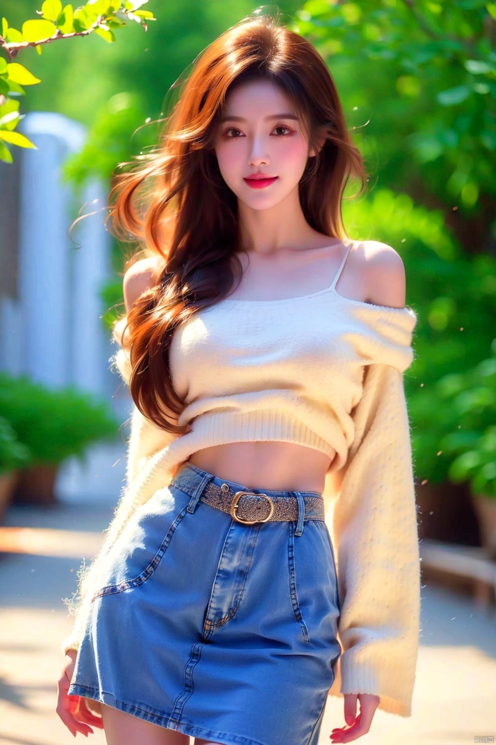 best quality, masterpiece, cowboy_shot,(Good structure), DSLR Quality,Depth of field,kind smile,looking_at_viewer,Dynamic pose, 1girl, 3d, bare_shoulders, belt, blurry, blurry_background, blurry_foreground, branch, , , , collarbone, *******_photo, denim, denim_skirt, depth_of_field, , lips, long_hair, looking_at_viewer, midriff, miniskirt, motion_blur, navel, outdoors, photo_\(medium\), realistic, skirt, solo, standing, tree, , , , blackpantyhose, , , , , futuaner