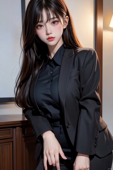  HDR, UHD, 8K, Highly detailed, best quality, masterpiece,1girl, messy hair,black suit,looking at viewer,Photos, photography, ((poakl)), (\yan yu\), 1 girl