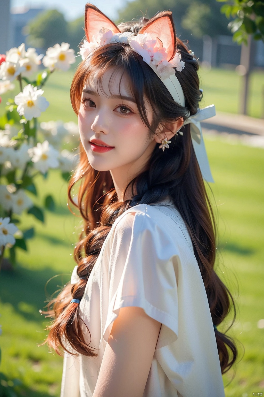  1girl, solo, long hair, looking at viewer, blush, smile, bangs, hair ornament, bow, animal ears, jewelry, yellow eyes, upper body, pink hair, braid, flower, hair bow, hairband, earrings, outdoors, parted lips, alternate costume, cat ears, from side, looking to the side, book, single braid, blue bow, plant, white flower, hair over shoulder, floppy ears, goldenglow \(arknights\), jiqing, 1 girl,moyou