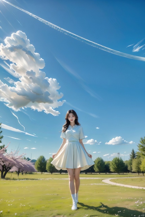  Best Quality, Super High Resolution, a girl (full body photo,) outdoors, white clothes, blue skirt, JK uniform, uniform, full chest, long legs, long hair fluttering, cherry blossom background, blue sky, White Clouds, breeze, turn your face sideways and look to the side, tutututu, lvshui-green dress, jiqing, babata