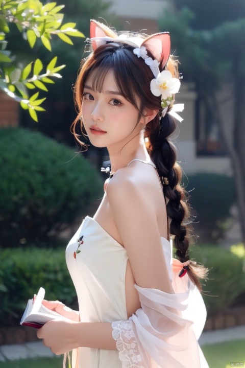  1girl, solo, long hair, looking at viewer, blush, smile, bangs, hair ornament, bow, animal ears, jewelry, yellow eyes, upper body, pink hair, braid, flower, hair bow, hairband, earrings, outdoors, parted lips, alternate costume, cat ears, from side, looking to the side, book, single braid, blue bow, plant, white flower, hair over shoulder, floppy ears, goldenglow \(arknights\), jiqing, 1 girl,moyou