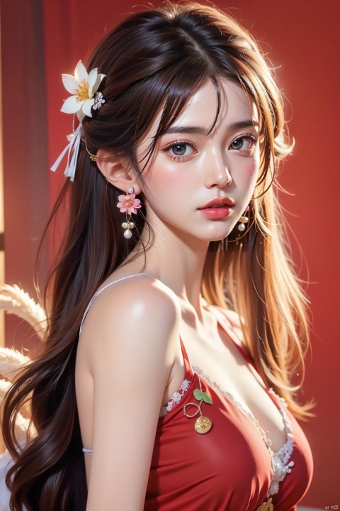 1girl, solo, long hair, black hair, hair accessories, jewelry, closed mouth, upper body, flowers, earrings, blur, side, eyelashes, side, makeup, red background, Chinese costume, red flowers, fringe, branch, red lips, fringe earrings, fruit grain, no hand, very beautiful, masterpiece, best quality, super detail, animation style, key vision, 1 girl